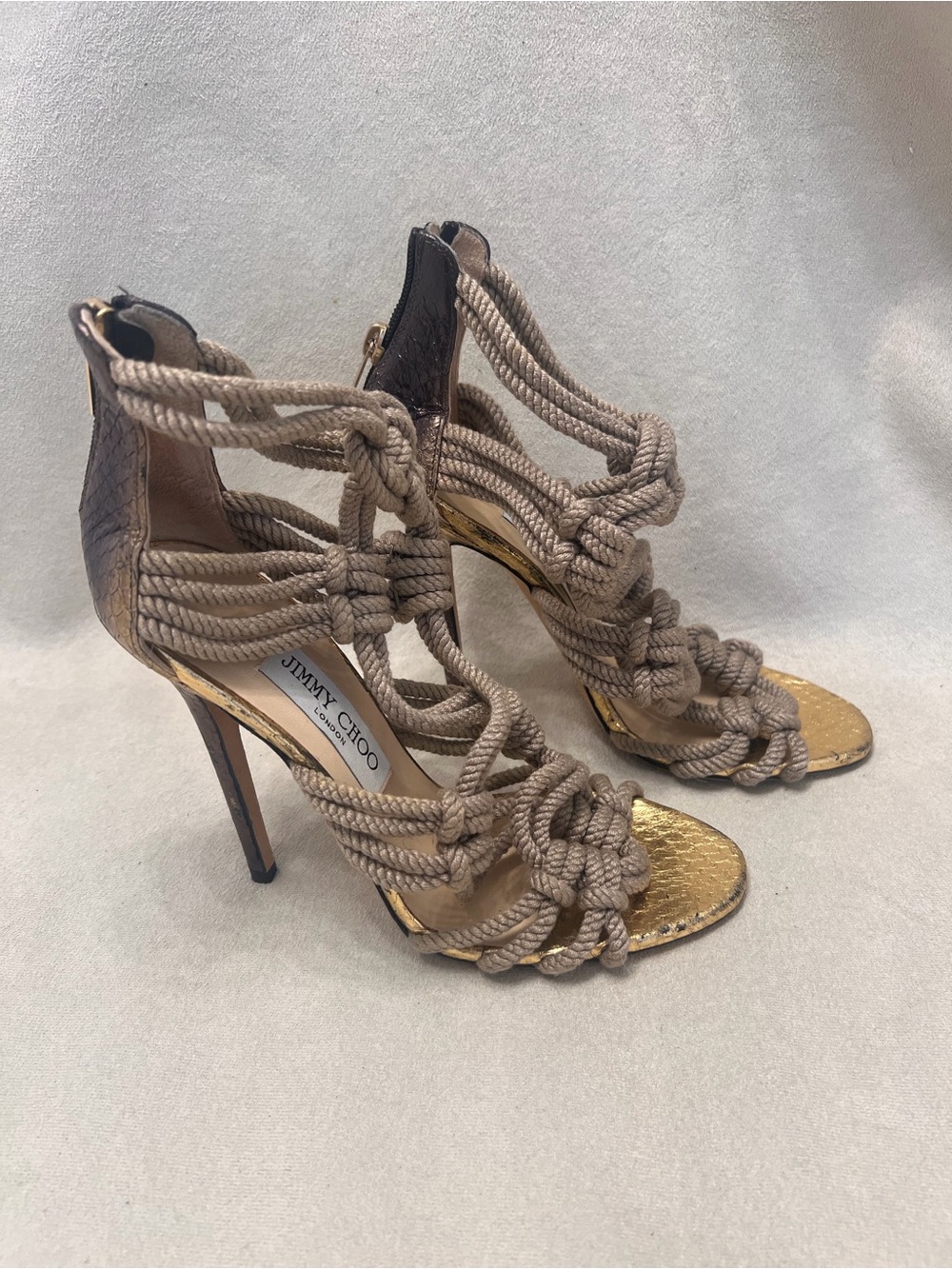 Jimmy Choo Taupe Rope-Knot Sandal Heels with Gold Footbed